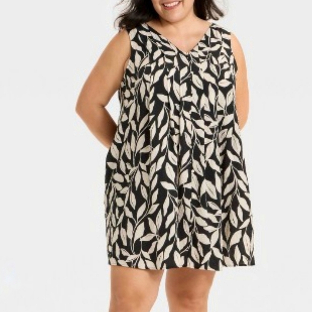 NWT Ava & Viv Black Leaf Pattern A Line Flare Mini Dress Size 3X